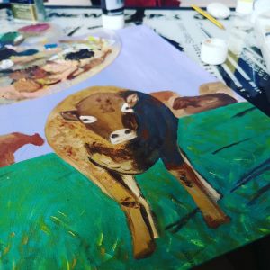 Peinture sur canva 35 par 40 | Peinture d'une vache Aubrac à Sonnac, en Aveyron